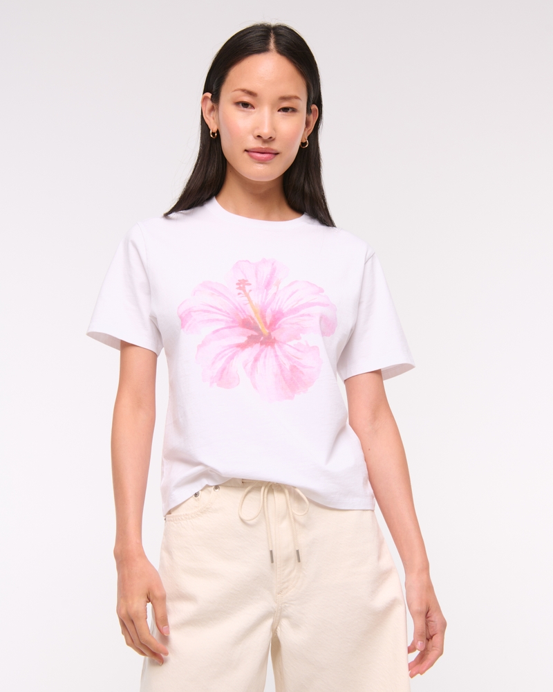 Short-Sleeve Hibiscus Graphic Relaxed Tee(white,XXS)