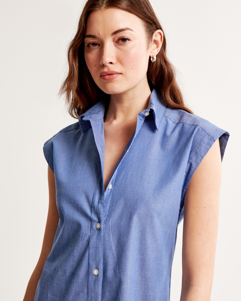 Button-Through Midi Shirt Dress(blue stripe,XXS)