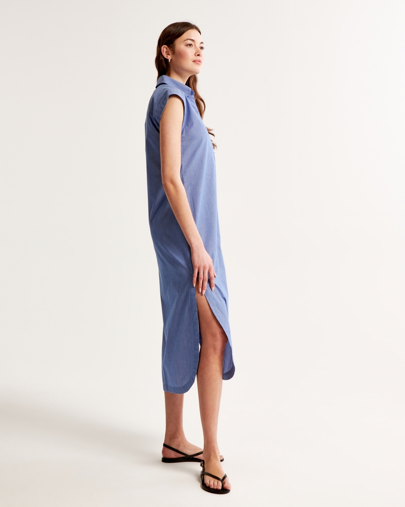 Button-Through Midi Shirt Dress(blue stripe,XXS)