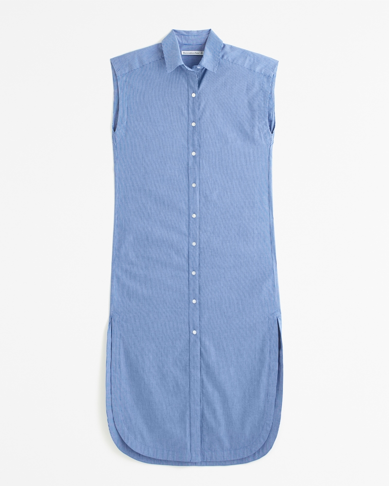 Button-Through Midi Shirt Dress(blue stripe,XXS)