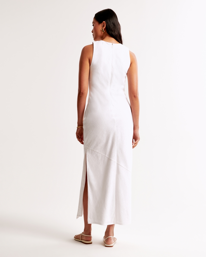 High-Neck Linen-Blend Maxi Dress(white,XXS)