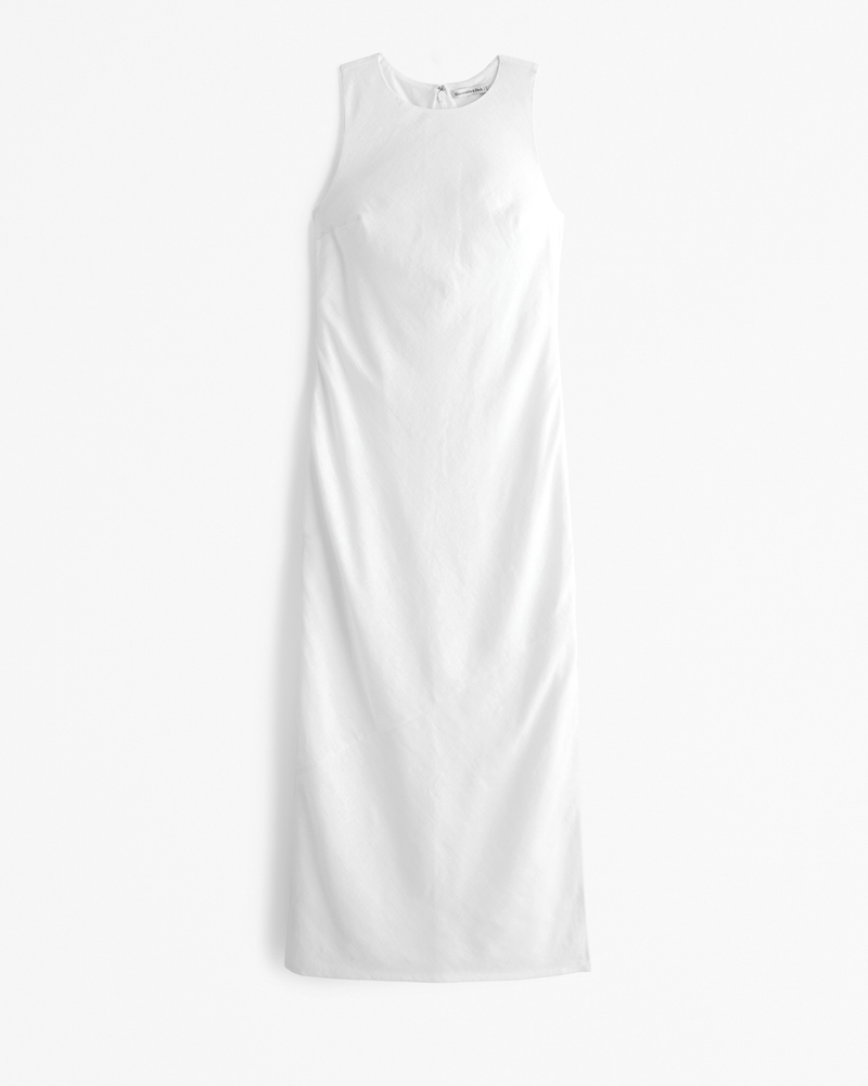 High-Neck Linen-Blend Maxi Dress(white,XXS)