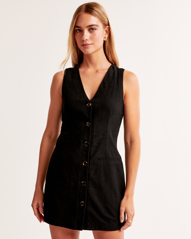 The A&F Mara Linen-Blend Vest Mini Dress(black,XXS)