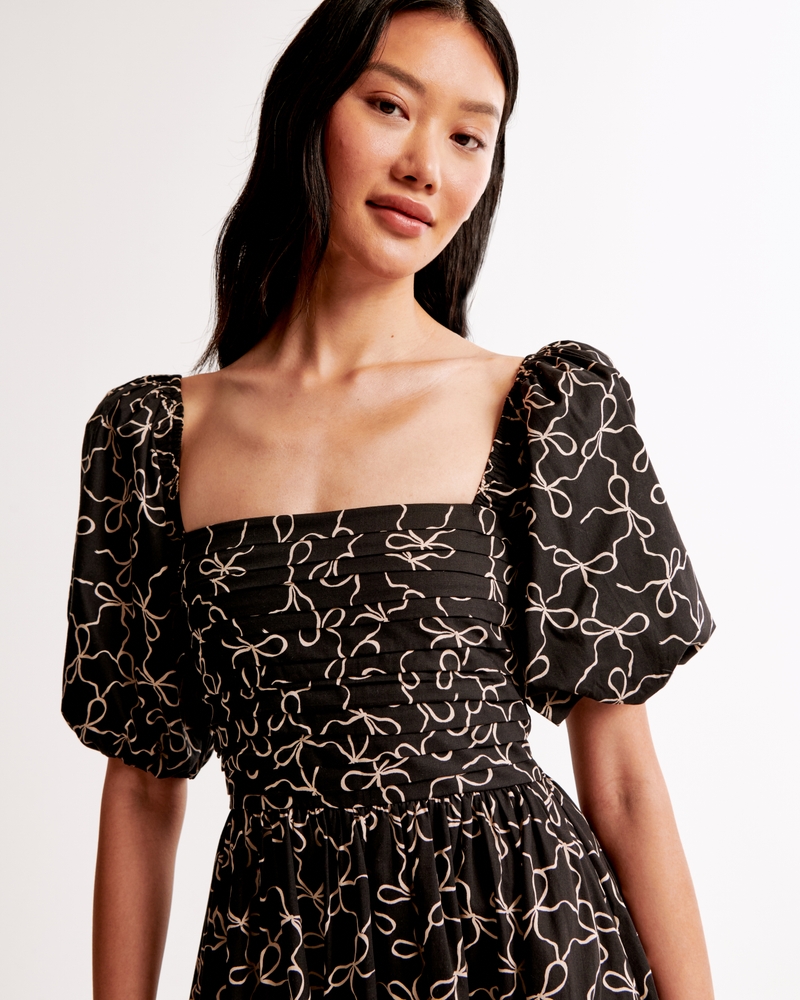 The A&F Emerson Poplin Puff Sleeve Midi Dress(black print,XXS)