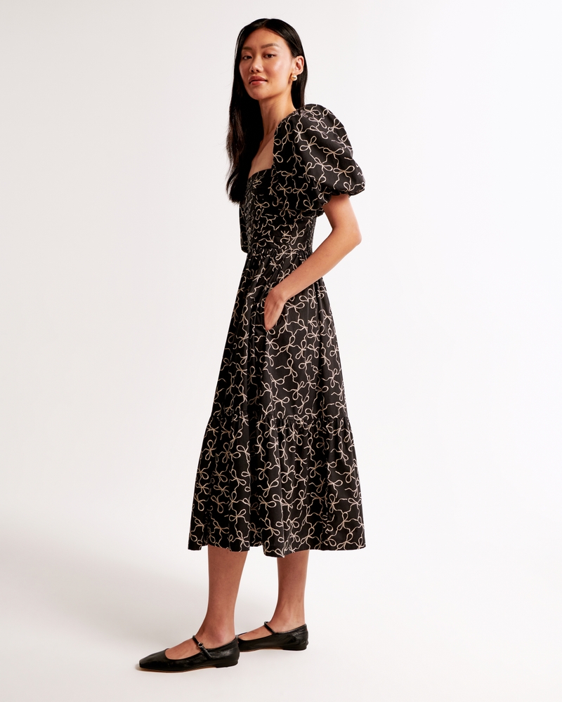 The A&F Emerson Poplin Puff Sleeve Midi Dress(black print,XXS)