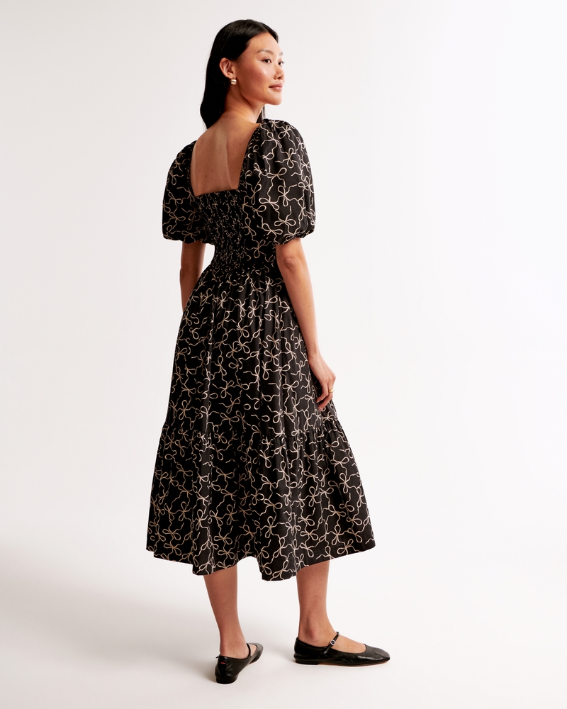 The A&F Emerson Poplin Puff Sleeve Midi Dress(black print,XXS)