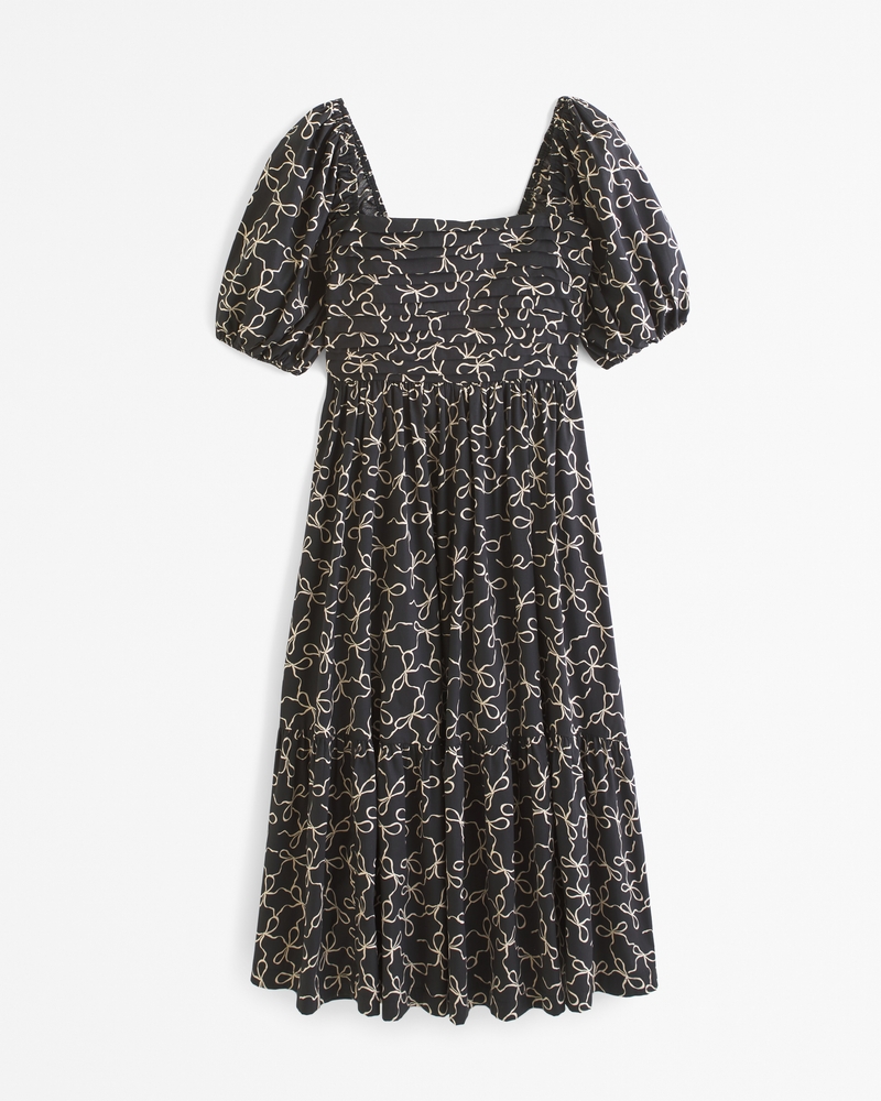 The A&F Emerson Poplin Puff Sleeve Midi Dress(black print,XXS)