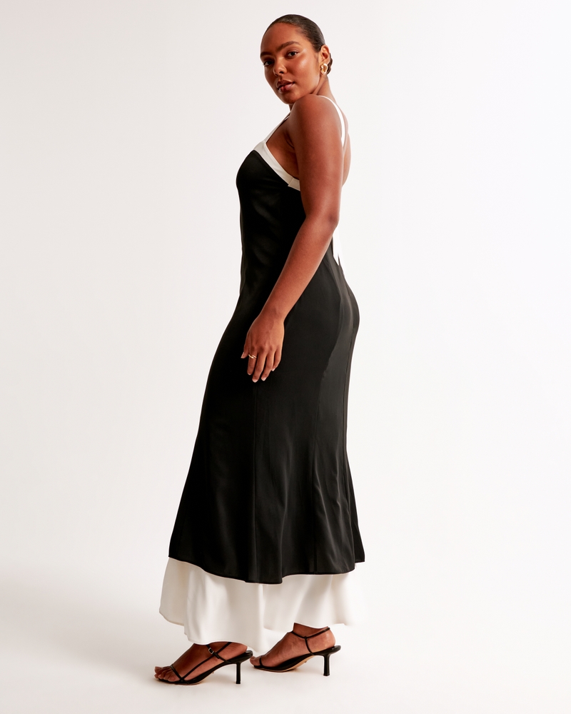 The A&F Julia Slip Contrast Tie-Back Maxi Dress(black,XXS)