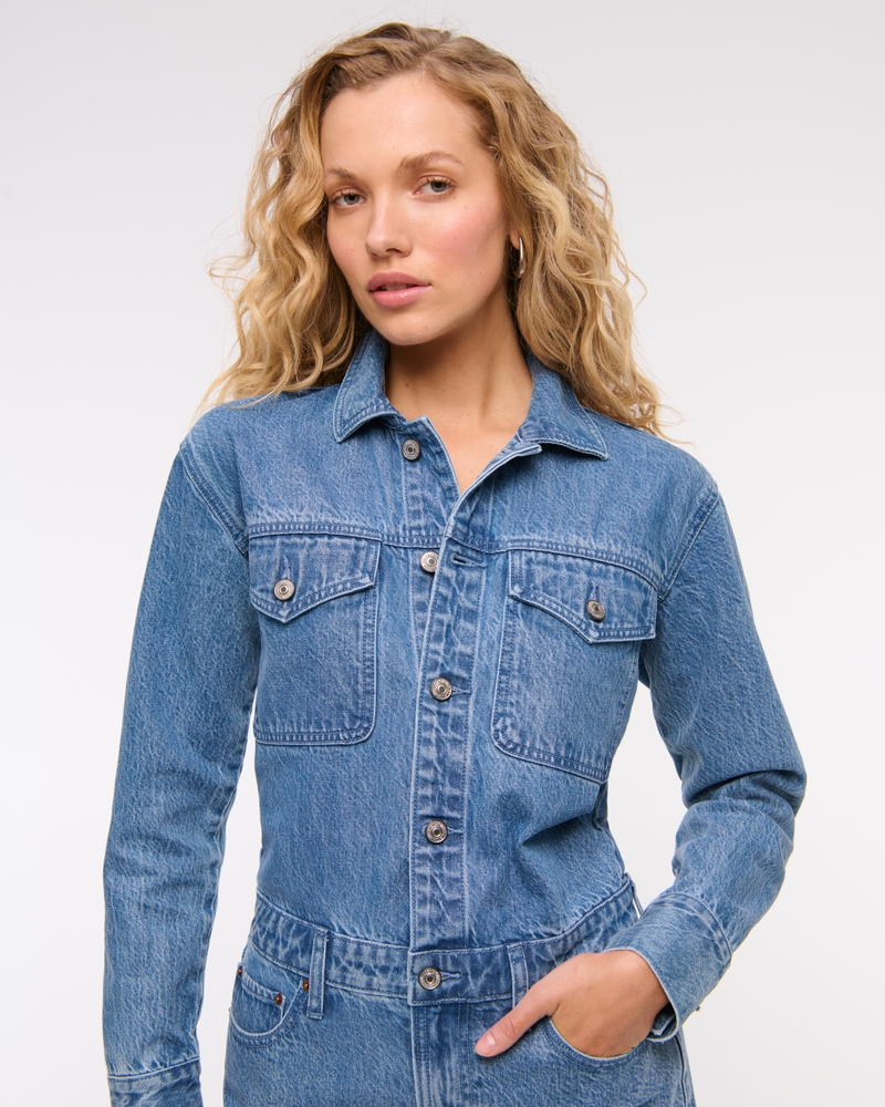 Long-Sleeve Denim Shirt Dress(medium wash,XXS)
