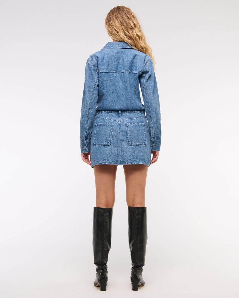 Long-Sleeve Denim Shirt Dress(medium wash,XXS)