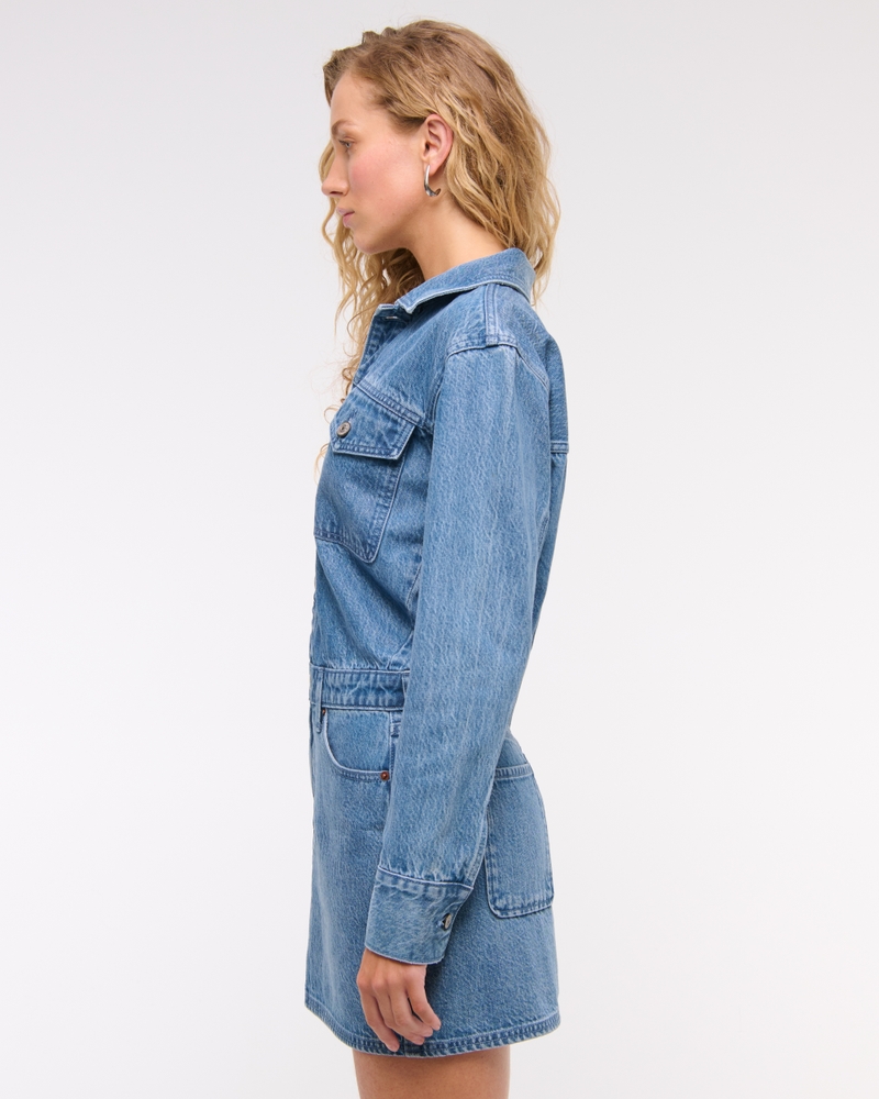 Long-Sleeve Denim Shirt Dress(medium wash,XXS)