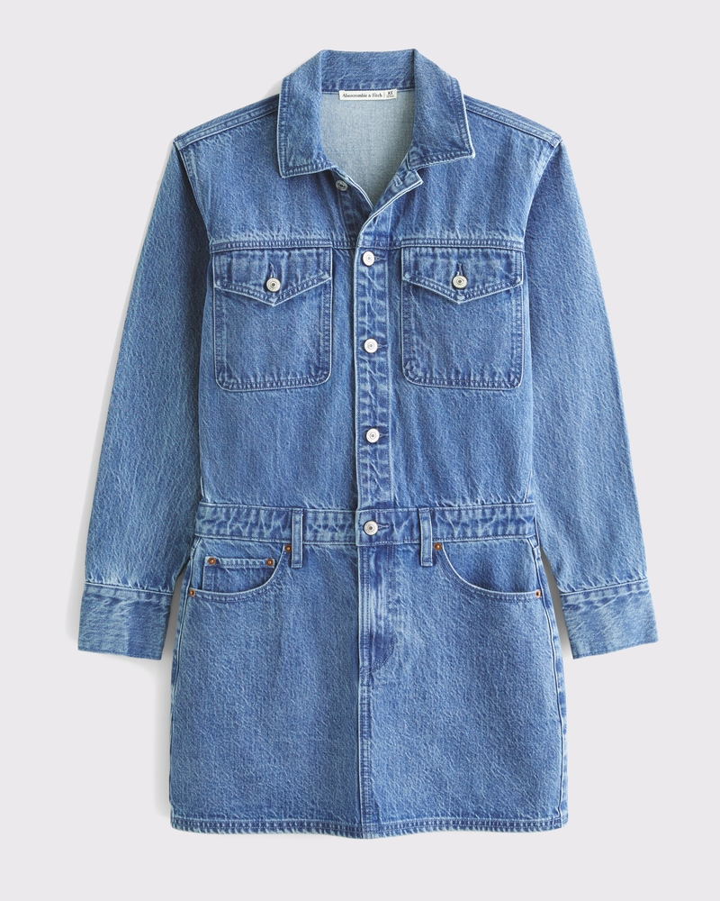 Long-Sleeve Denim Shirt Dress(medium wash,XXS)