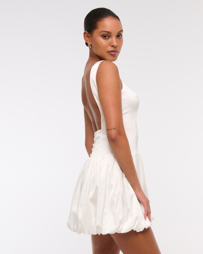 High-Neck Bubble Hem Mini Dress(pearl,XXS)