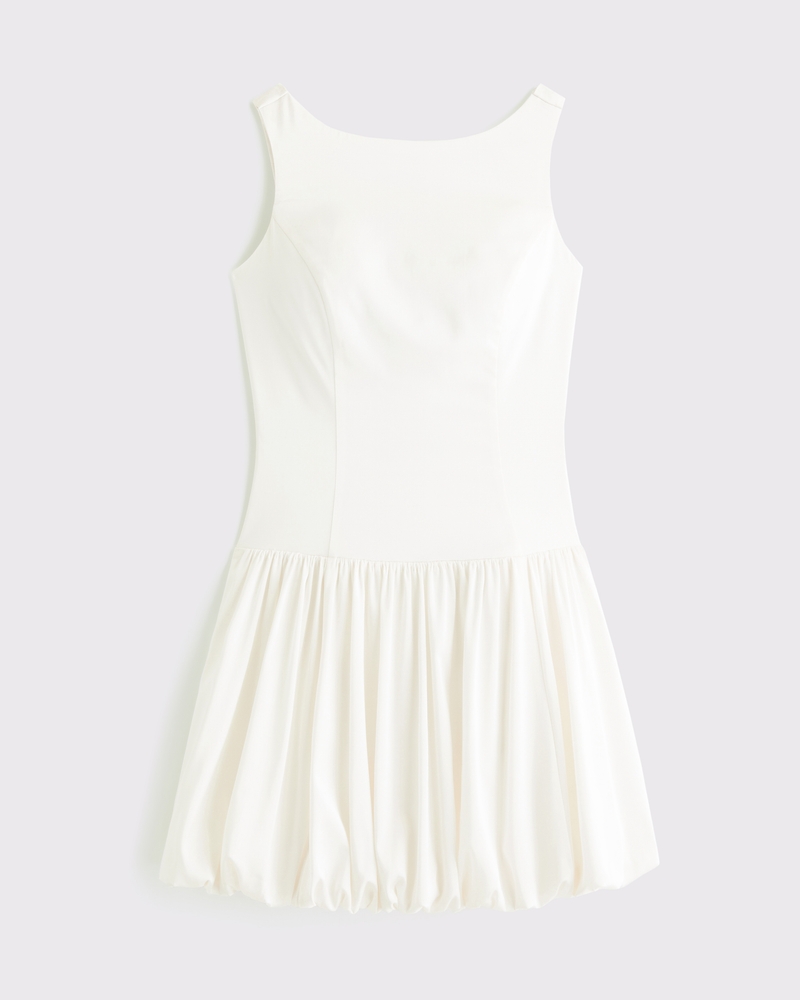 High-Neck Bubble Hem Mini Dress(pearl,XXS)