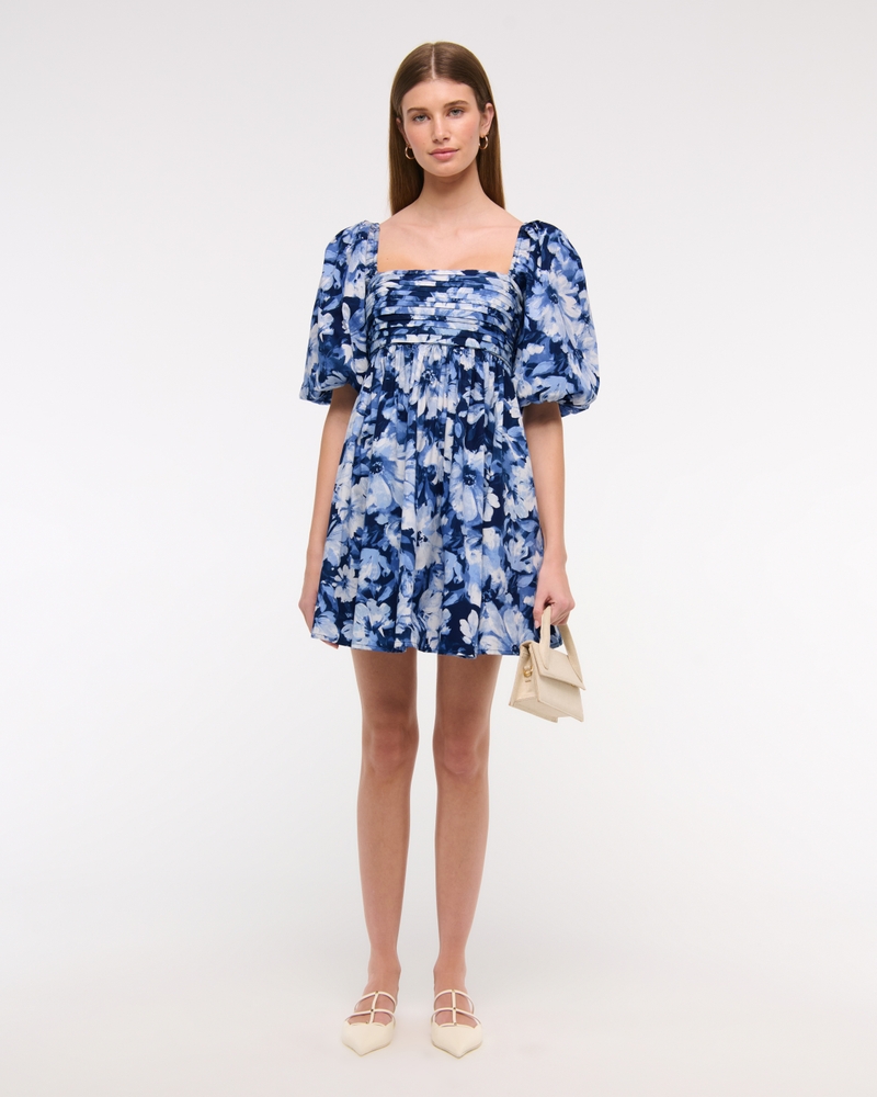 The A&F Emerson Poplin Puff Sleeve Mini Dress(blue floral,XXS)