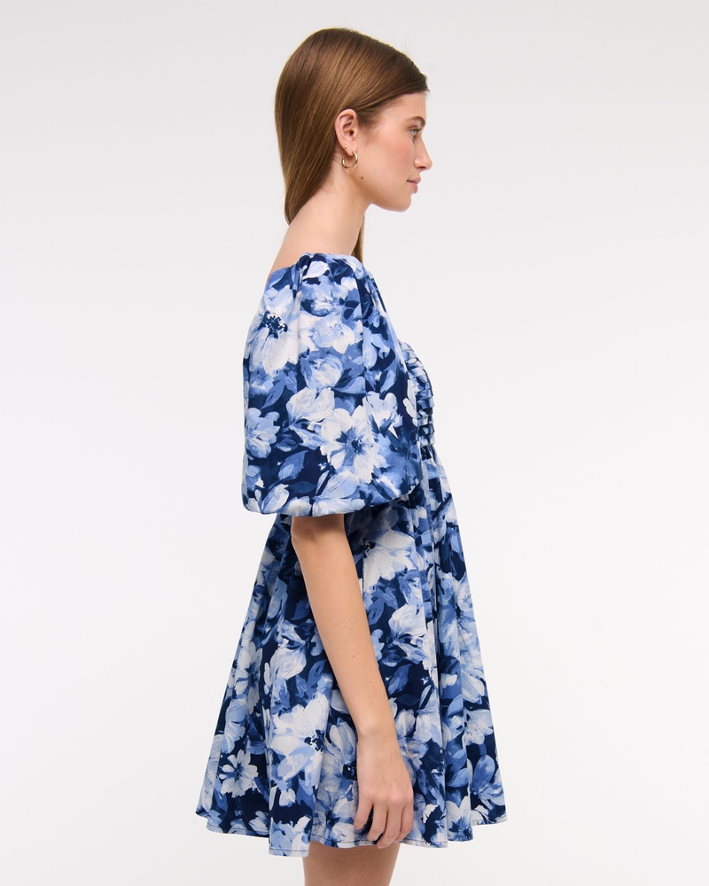 The A&F Emerson Poplin Puff Sleeve Mini Dress(blue floral,XXS)