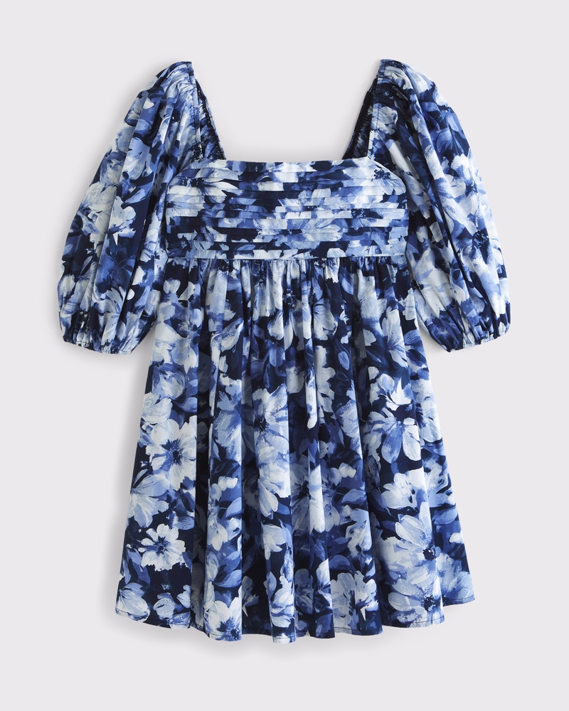 The A&F Emerson Poplin Puff Sleeve Mini Dress(blue floral,XXS)