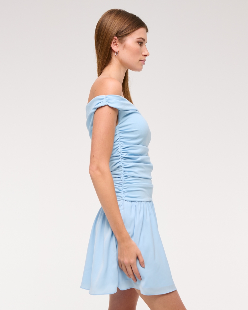 Off-The-Shoulder Ruched Mini Dress(blue,XXS)
