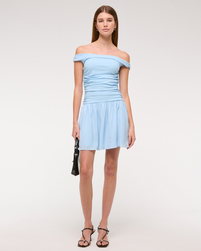 Off-The-Shoulder Ruched Mini Dress(blue,XXS)