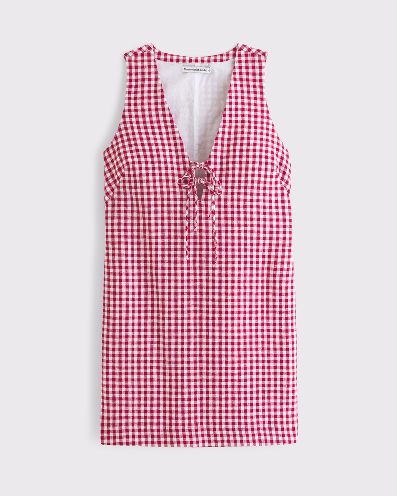 Linen-Blend Tie-Front Mini Dress(red gingham,XXS)
