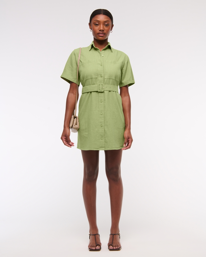 Belted Linen-Blend Mini Shirt Dress(lime,XXS)