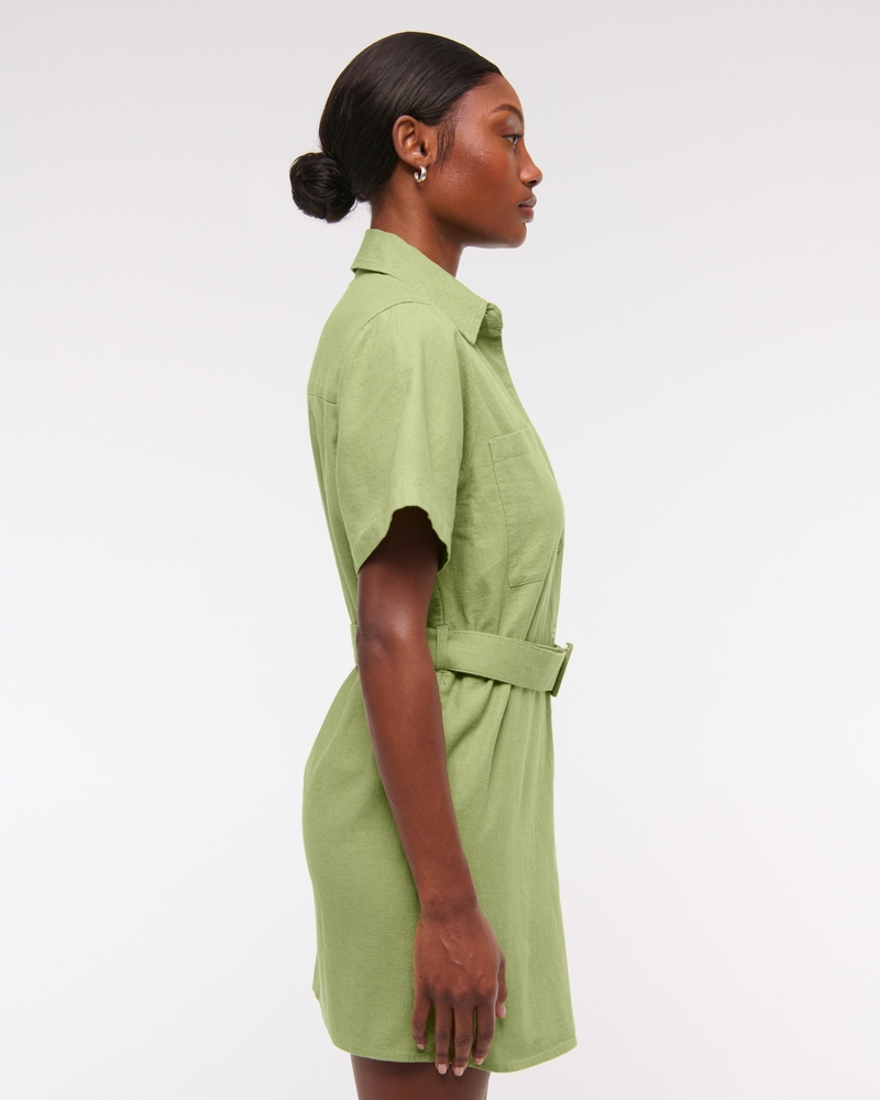 Belted Linen-Blend Mini Shirt Dress(lime,XXS)