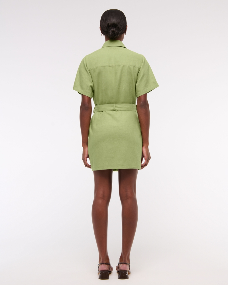 Belted Linen-Blend Mini Shirt Dress(lime,XXS)