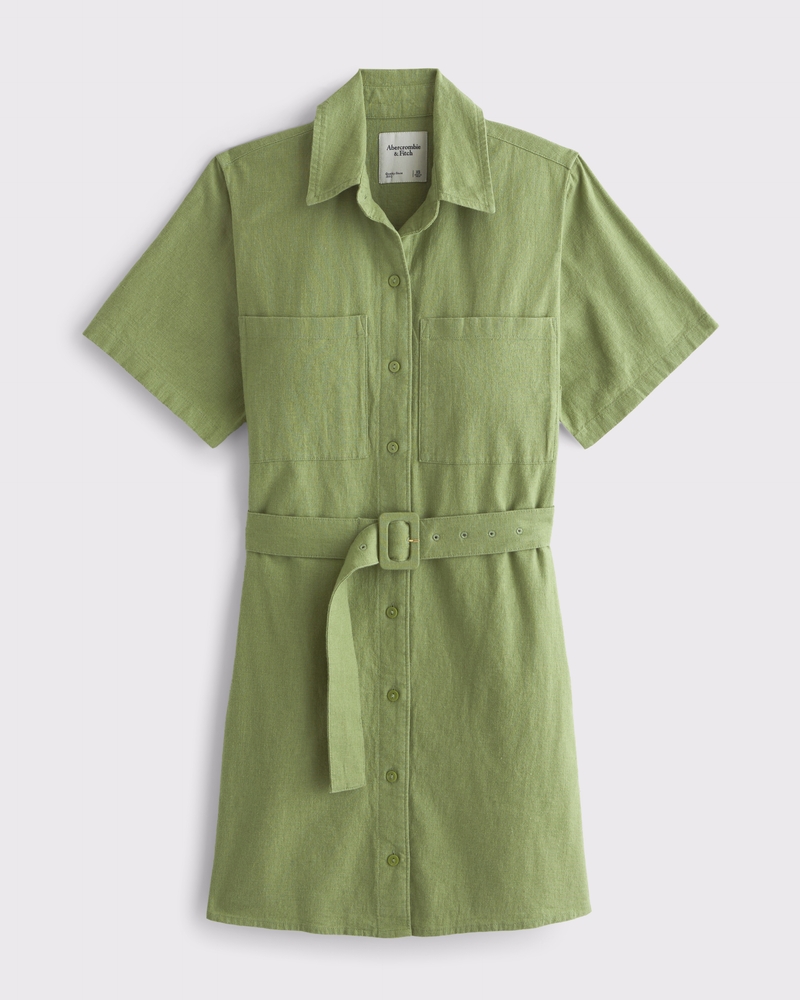 Belted Linen-Blend Mini Shirt Dress(lime,XXS)