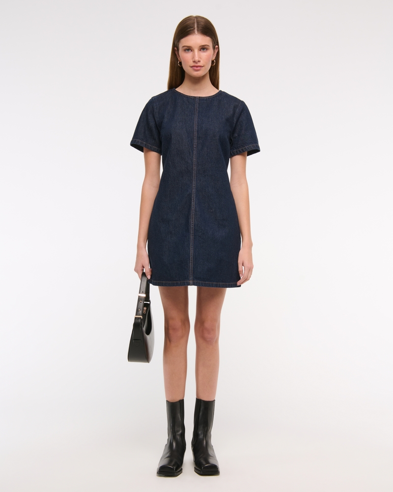 Denim Shift Mini Dress(dark wash,XXS)