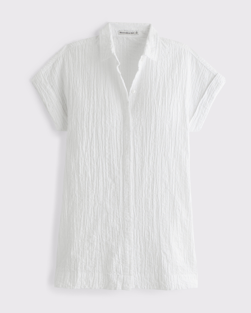 Textured Mini Shirt Dress(white,XXS)