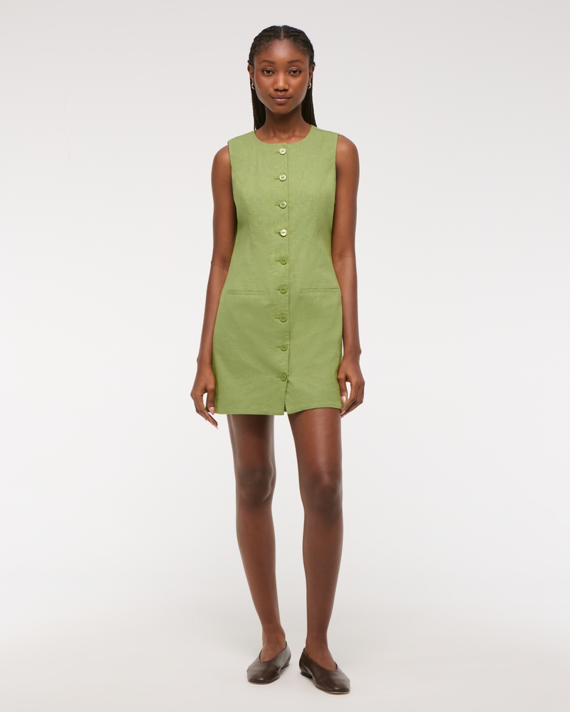 The A&F Mara Linen-Blend Mini Dress(green,XXS)