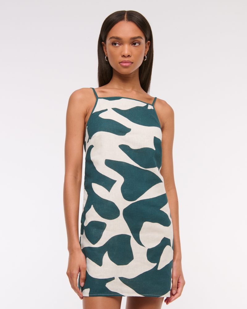Linen-Blend Apron Mini Dress(dark green pattern,XXS)