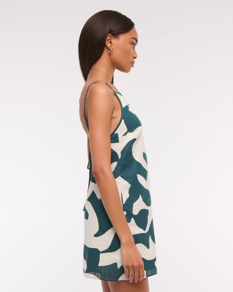 Linen-Blend Apron Mini Dress(dark green pattern,XXS)