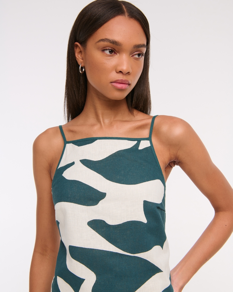 Linen-Blend Apron Mini Dress(dark green pattern,XXS)