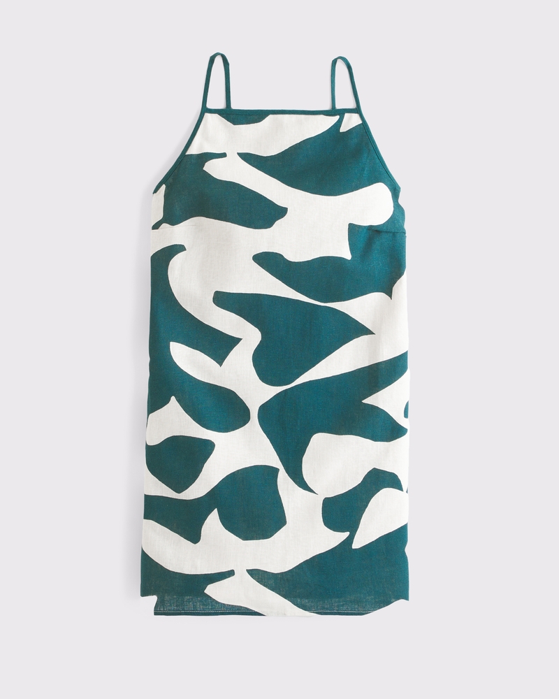 Linen-Blend Apron Mini Dress(dark green pattern,XXS)