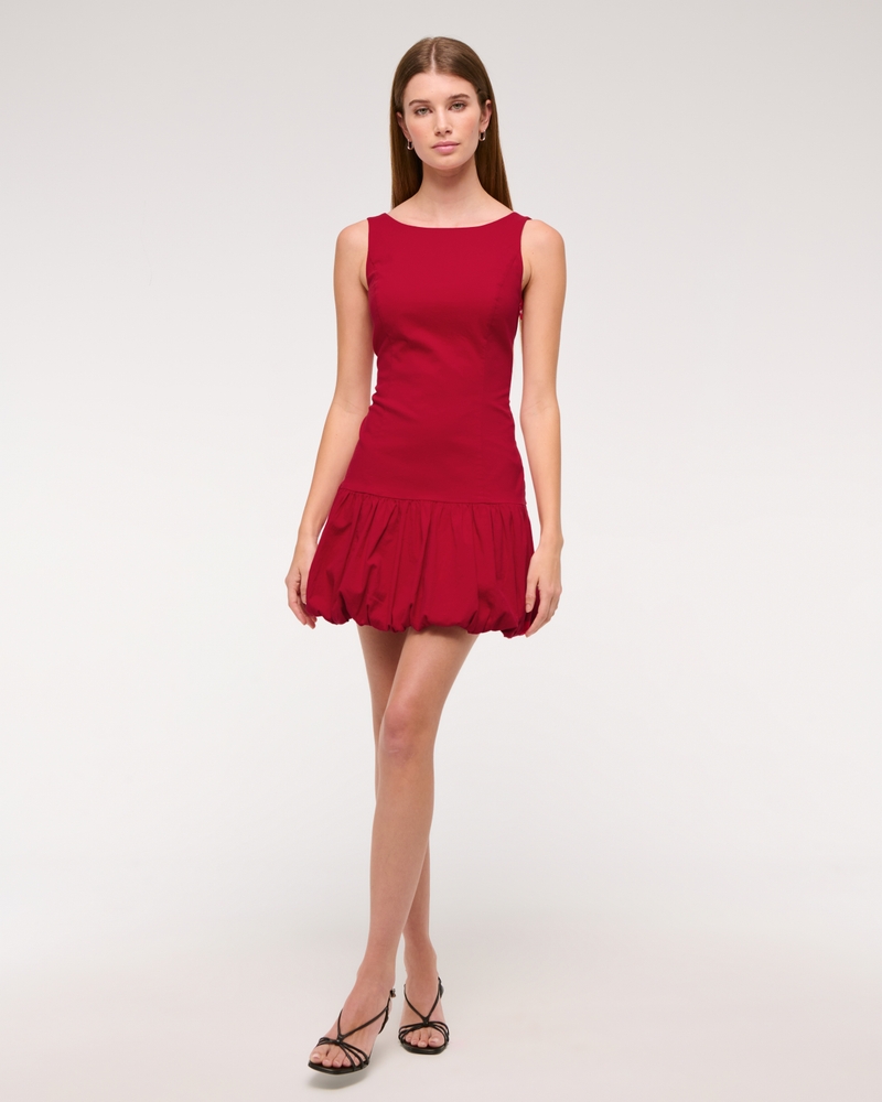 High-Neck Bubble Hem Mini Dress(red,XXS)