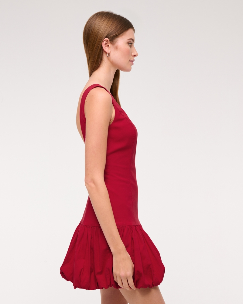 High-Neck Bubble Hem Mini Dress(red,XXS)