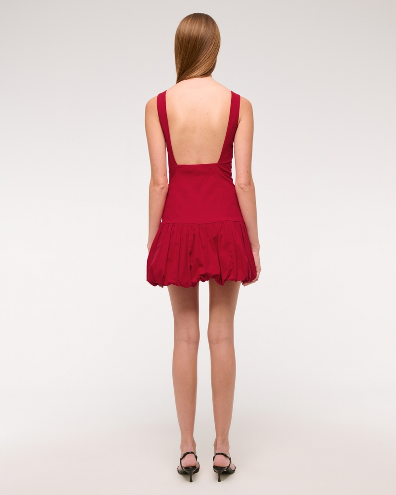 High-Neck Bubble Hem Mini Dress(red,XXS)