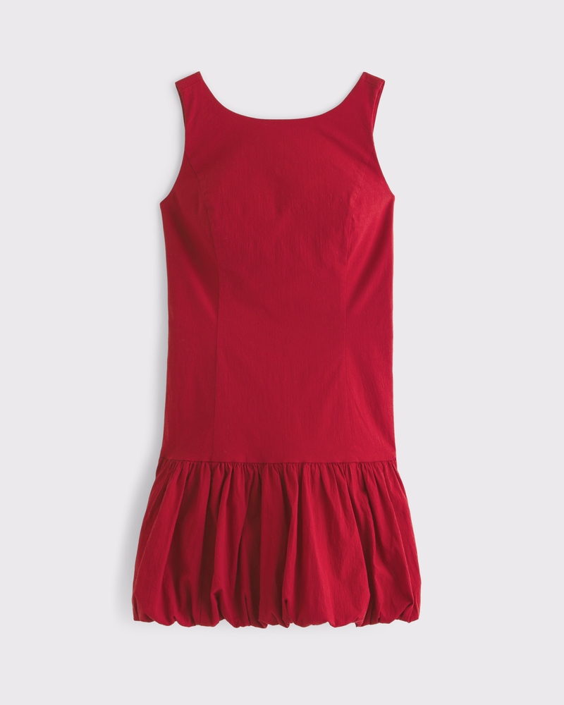 High-Neck Bubble Hem Mini Dress(red,XXS)