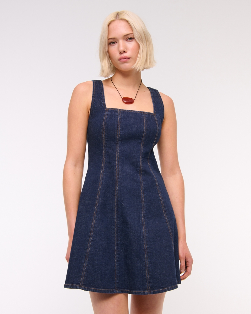 The A&F Mila Squareneck Denim Mini Dress(dark wash,XXS)