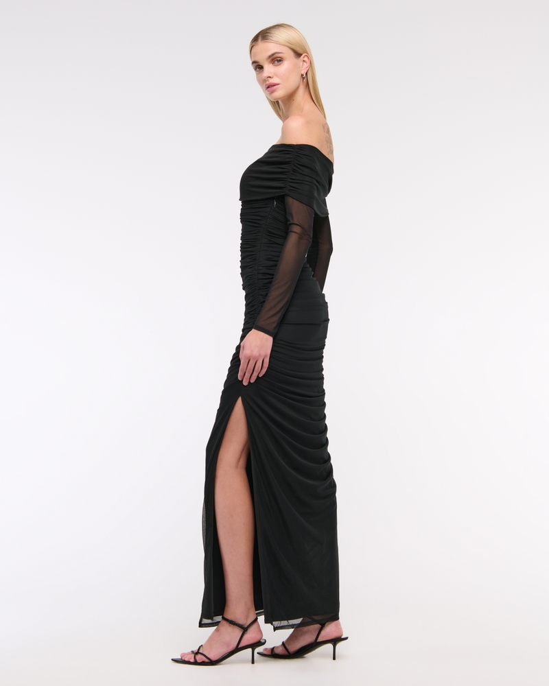 Long-Sleeve Mesh Asymmetrical Draped Maxi Dress(black,XXS)
