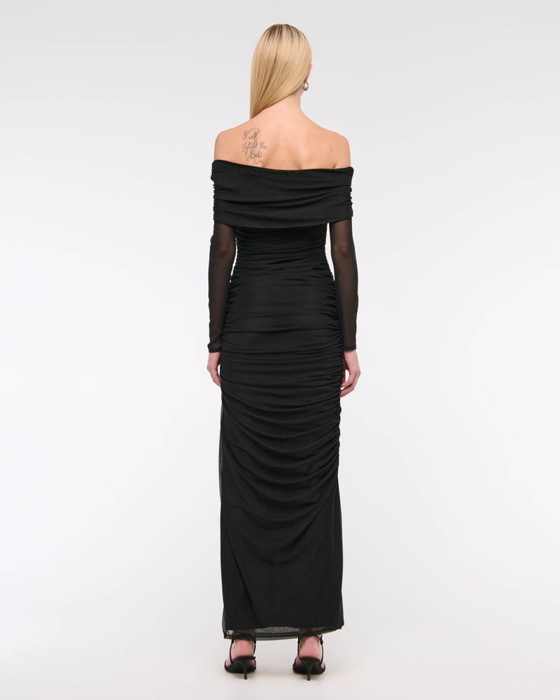 Long-Sleeve Mesh Asymmetrical Draped Maxi Dress(black,XXS)