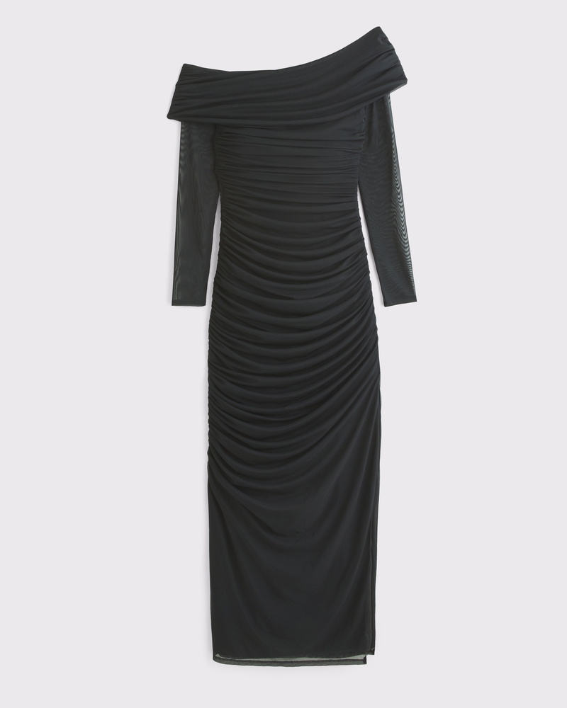 Long-Sleeve Mesh Asymmetrical Draped Maxi Dress(black,XXS)