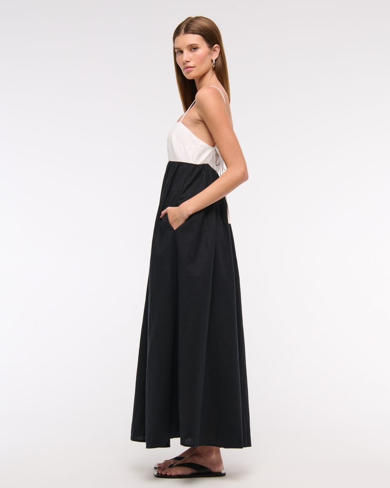 Tie-Back Babydoll Maxi Dress(black and white,XXS)