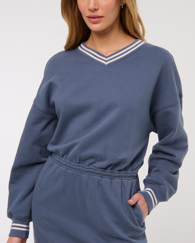 Fleece V-Neck Mini Dress(vintage indigo,XXS)