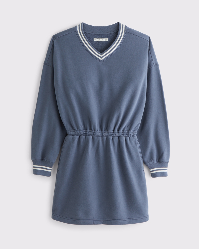 Fleece V-Neck Mini Dress(vintage indigo,XXS)