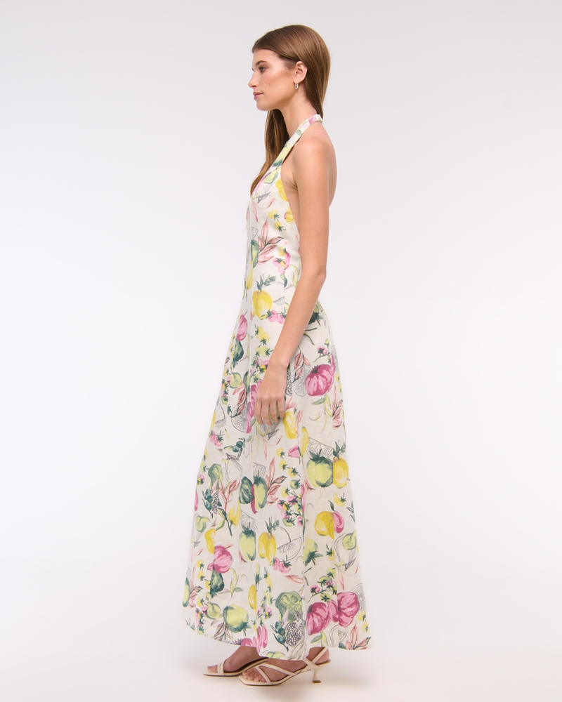 Premium Linen High-Neck Maxi Dress(vegetable print,XXS)