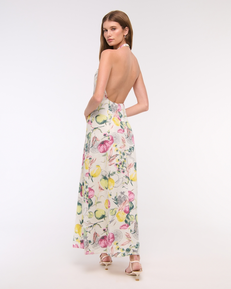Premium Linen High-Neck Maxi Dress(vegetable print,XXS)