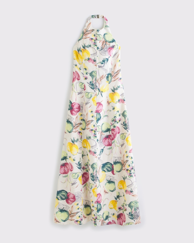Premium Linen High-Neck Maxi Dress(vegetable print,XXS)