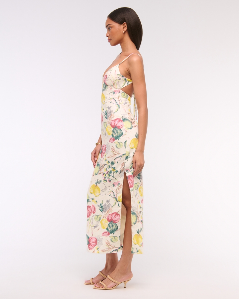Premium Linen Cutout Midi Dress(vegetable print,XXS)